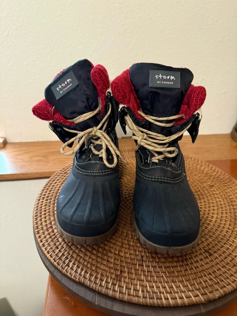 Storm Black‎ Winter Boots with Red Knit Cuff and Cream Faux-Fur Trim